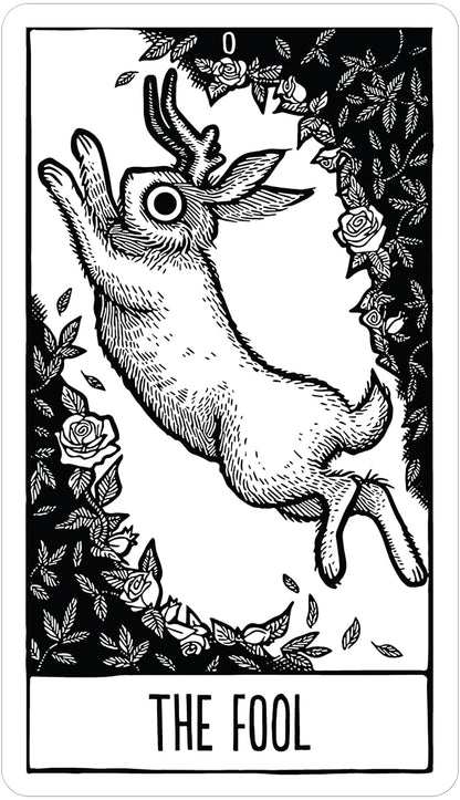 Black and white illustration of a stag with roses, labeled &