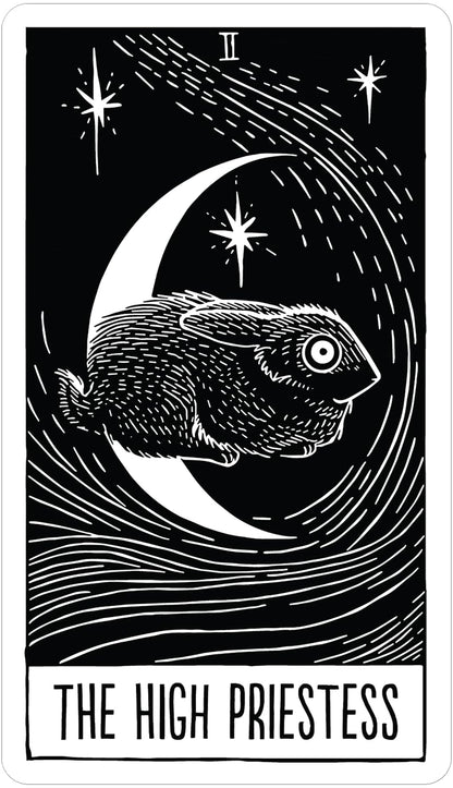 Black and white illustration of a rabbit on a crescent moon with stars, labeled &