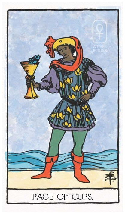 Tarot card featuring a person holding a cup with a blue interior, standing on a beach.