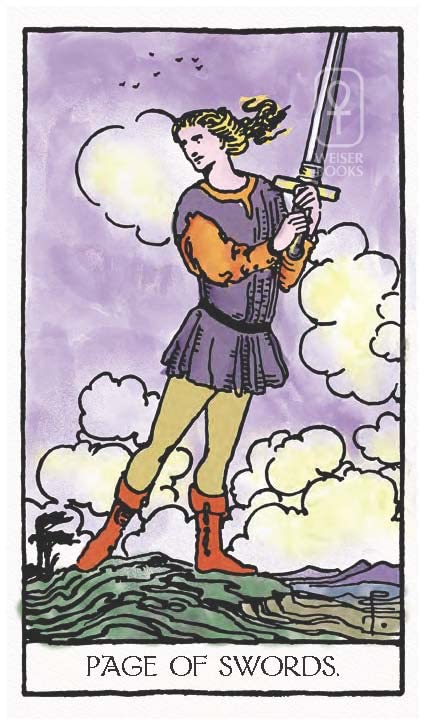 Tarot card featuring a person holding a sword against a purple background with clouds.