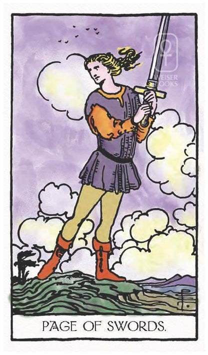 Tarot card featuring a person holding a sword against a purple background with clouds.