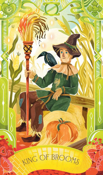 Illustration of a character holding a broom with decorative elements and text &