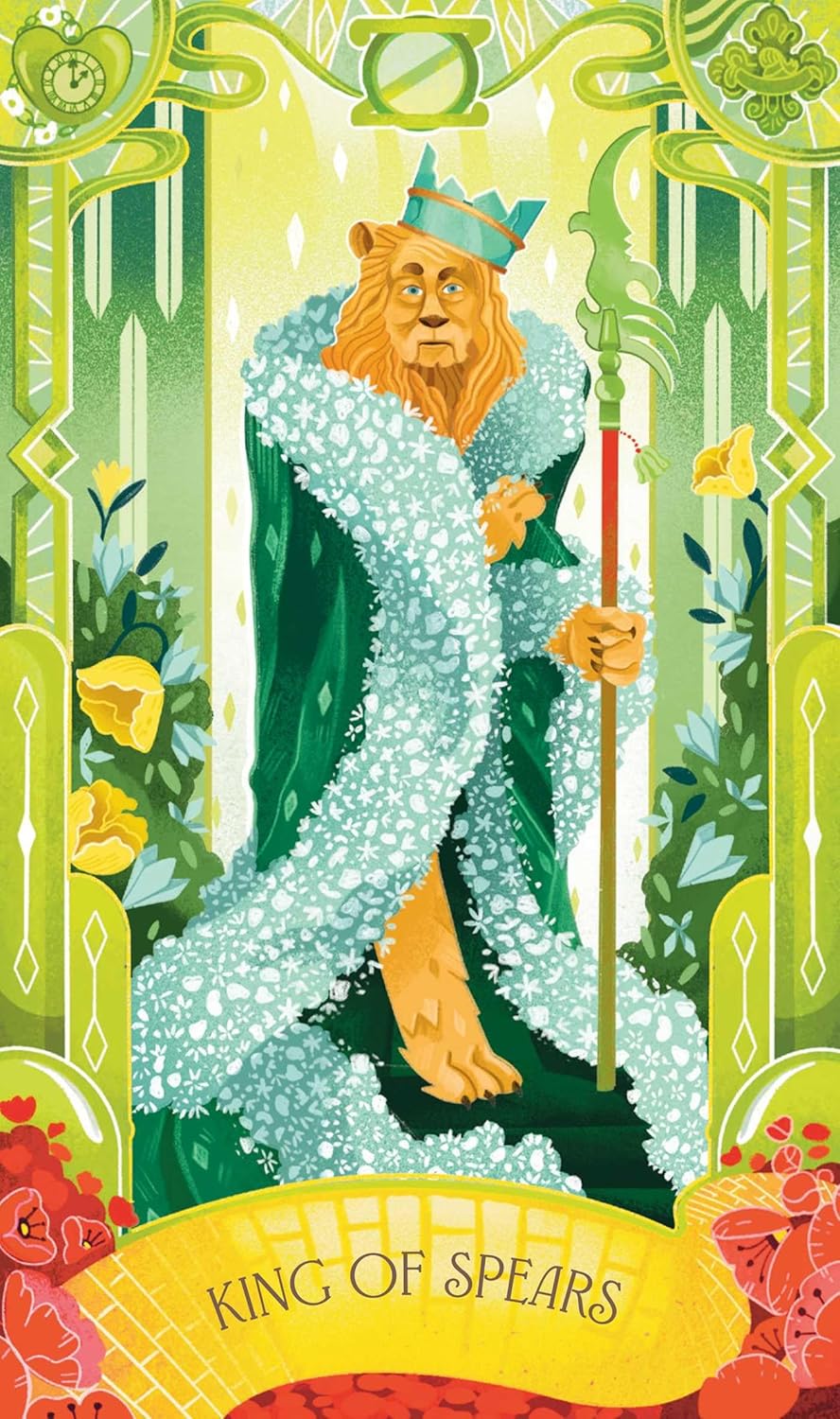 King of Spears tarot card with lion figure in floral robe against green background