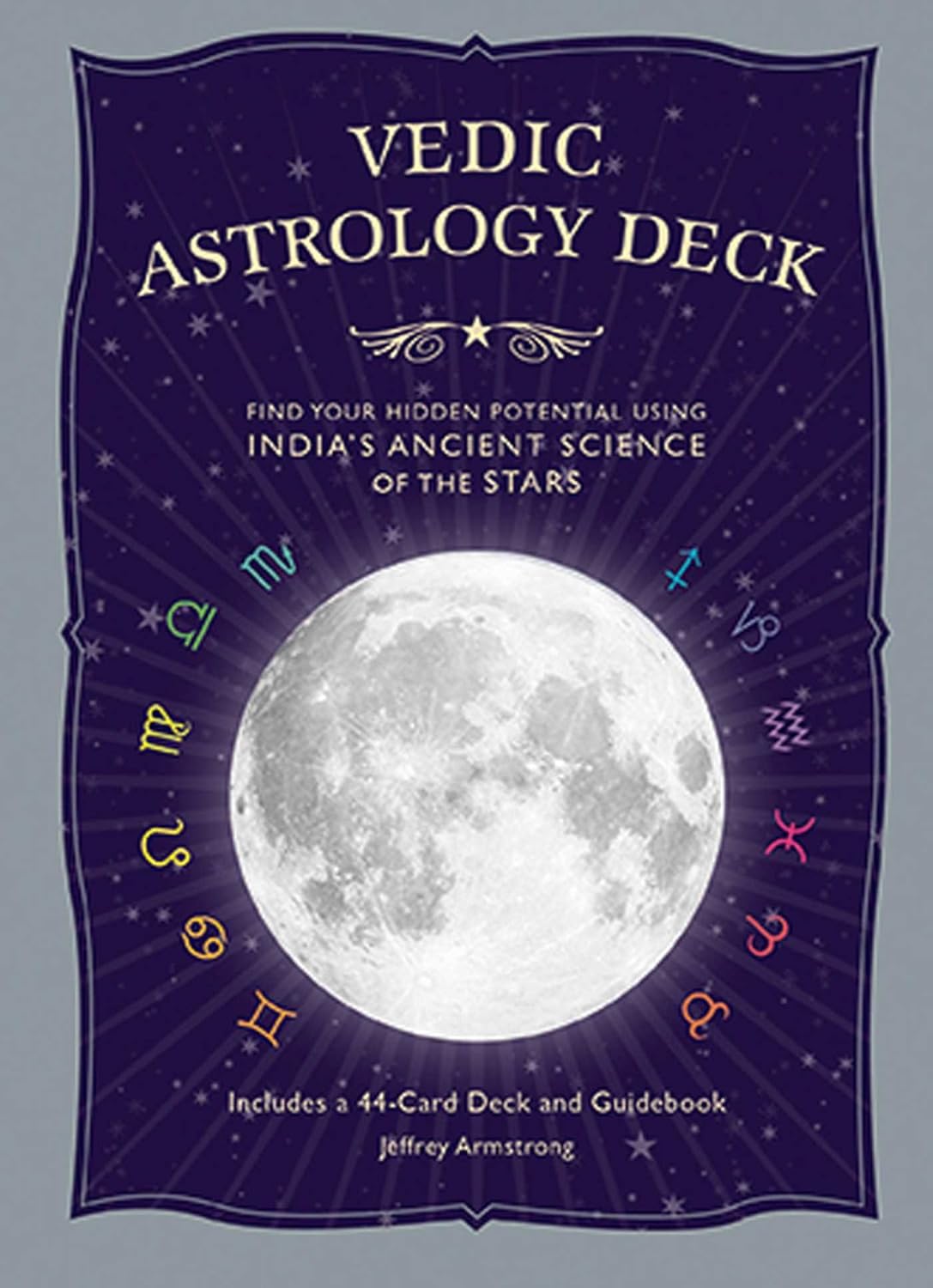 Vedic Astrology Deck packaging with moon and astrological symbols on a purple background