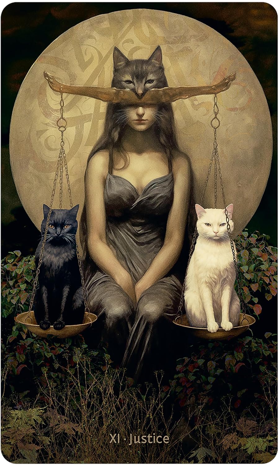 Artistic depiction of a woman with two cats on either side, balancing them on scales, with &
