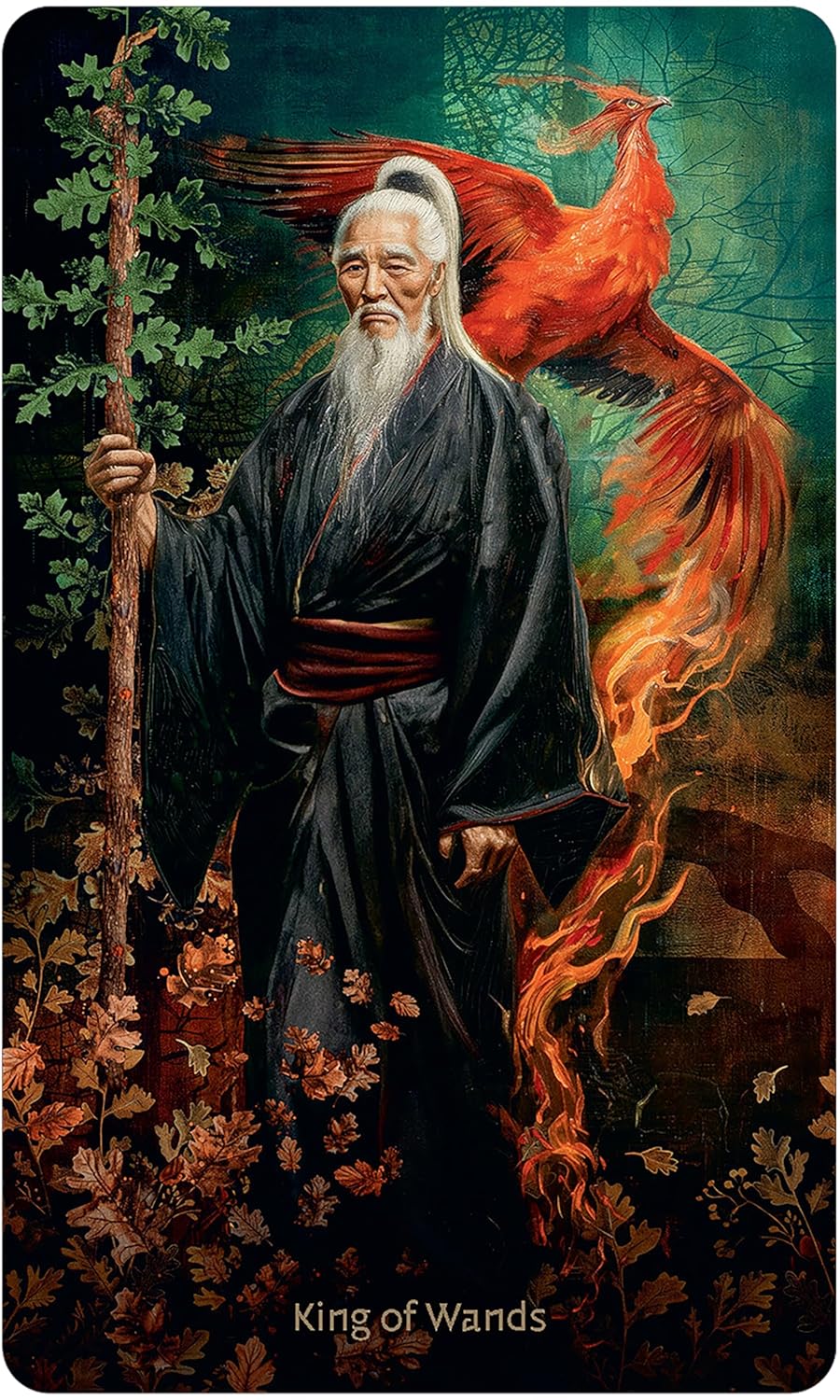 Card featuring an elderly man with a phoenix and staff, labeled &