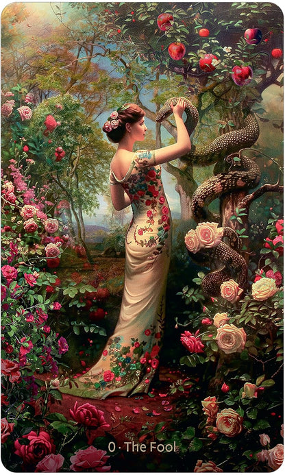Woman in a garden with a snake, surrounded by flowers and fruit