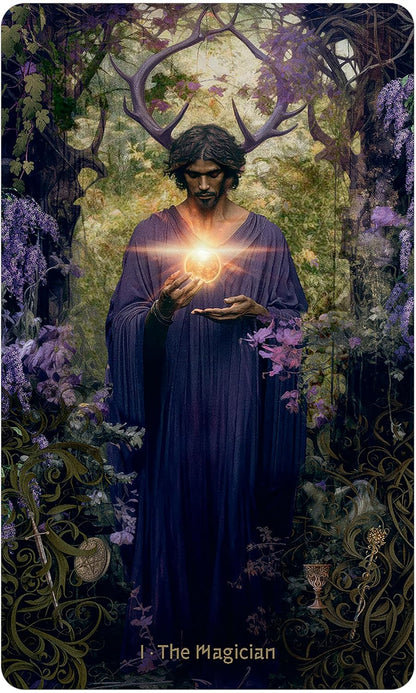 Tarot card featuring a figure in a purple robe holding a glowing orb, surrounded by nature elements.