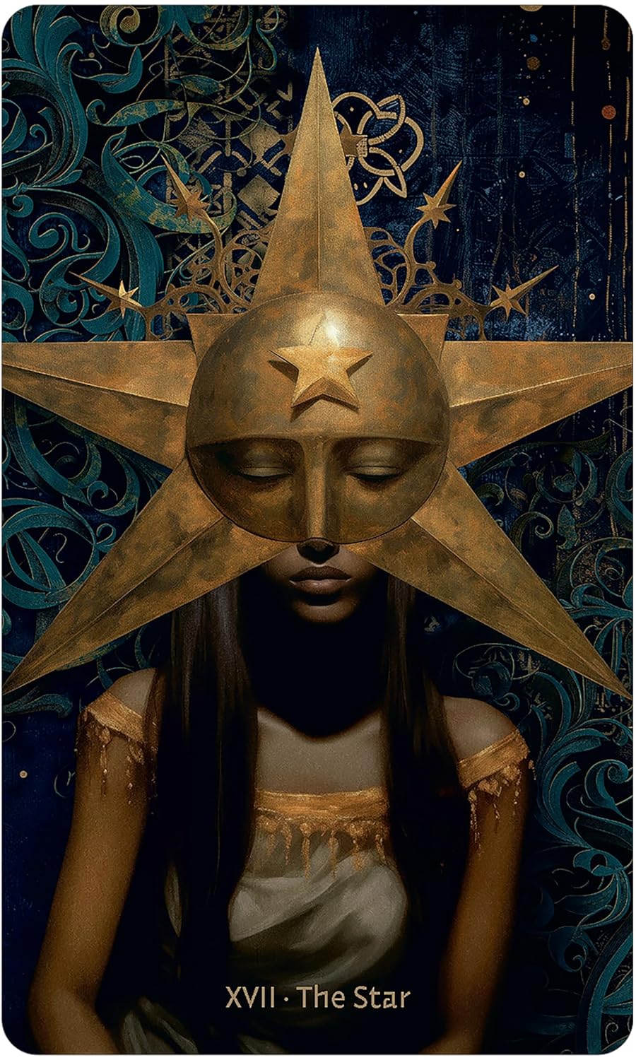 Card featuring a star-shaped headdress with a face, on a dark background with celestial symbols.
