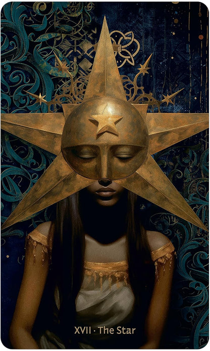 Card featuring a star-shaped headdress with a face, on a dark background with celestial symbols.