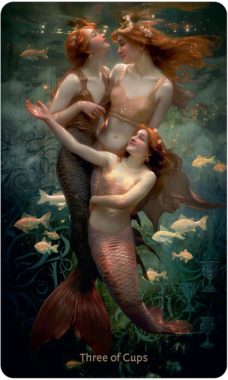 Three mermaids underwater with fish, from a tarot card titled &