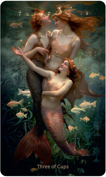 Three mermaids underwater with fish, from a tarot card titled &
