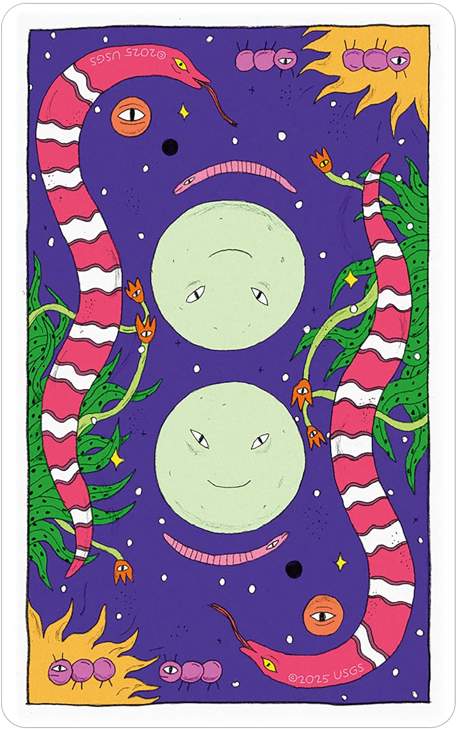 back of the card with two circles and two snakes