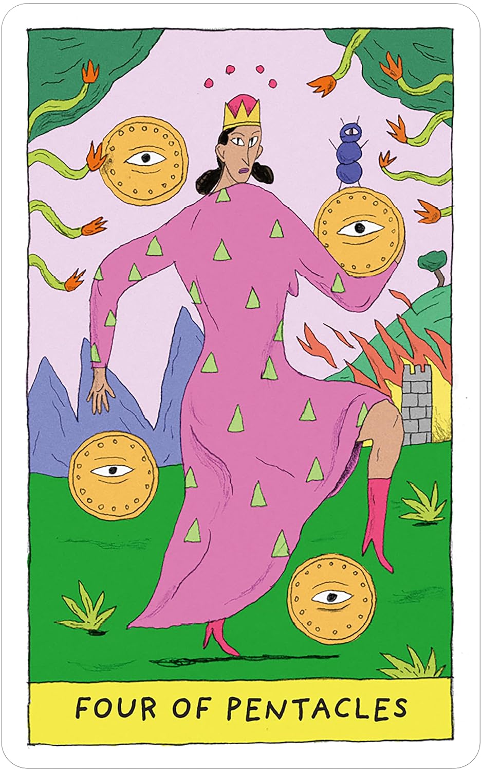four of pentacles with lady in a pink dress with green triangles