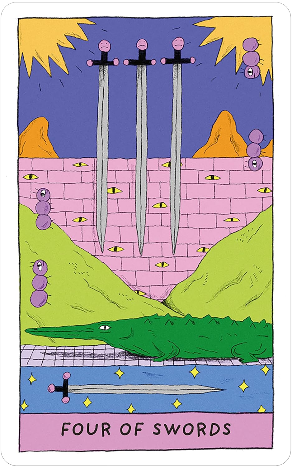 four of swords card with 3 swords in the air one in the water with an alligator