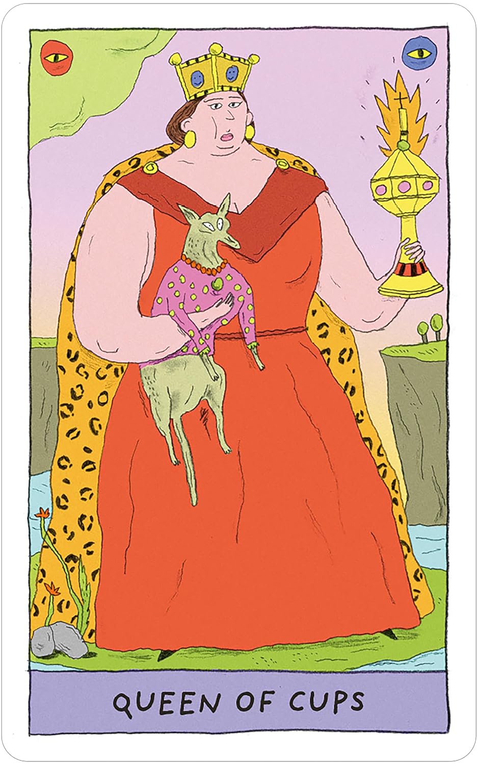 queen of cups with a robust queen holding a chihuahua in a pink sweater