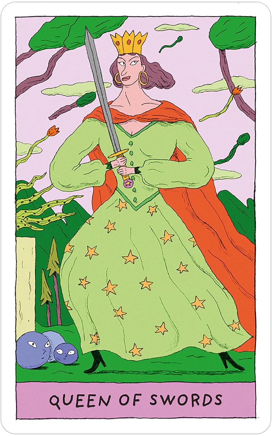 queen of swords queen in a green dress with yellow stars and a sword