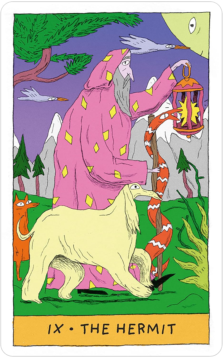 the hermit with a wizard snake lantern and long haired dog