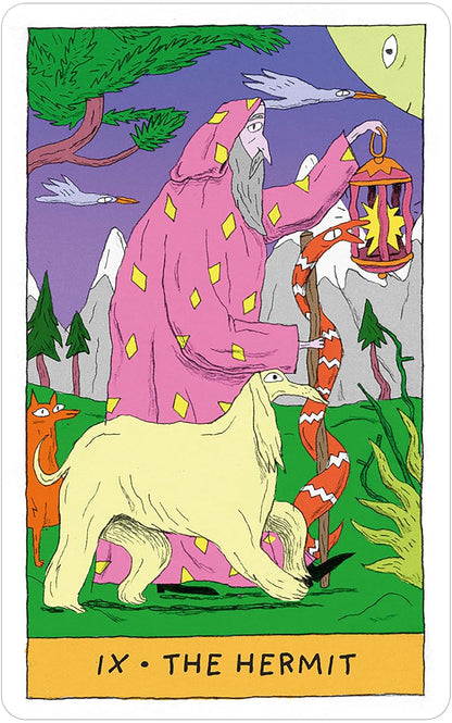 the hermit with a wizard snake lantern and long haired dog