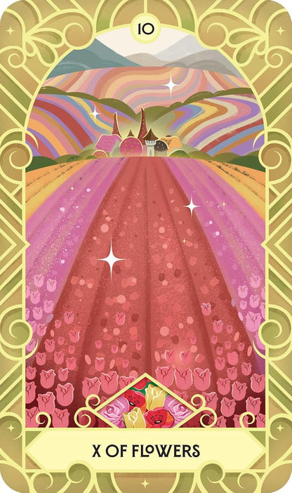 Card from a tarot deck featuring a path with flowers and a castle in the distance.