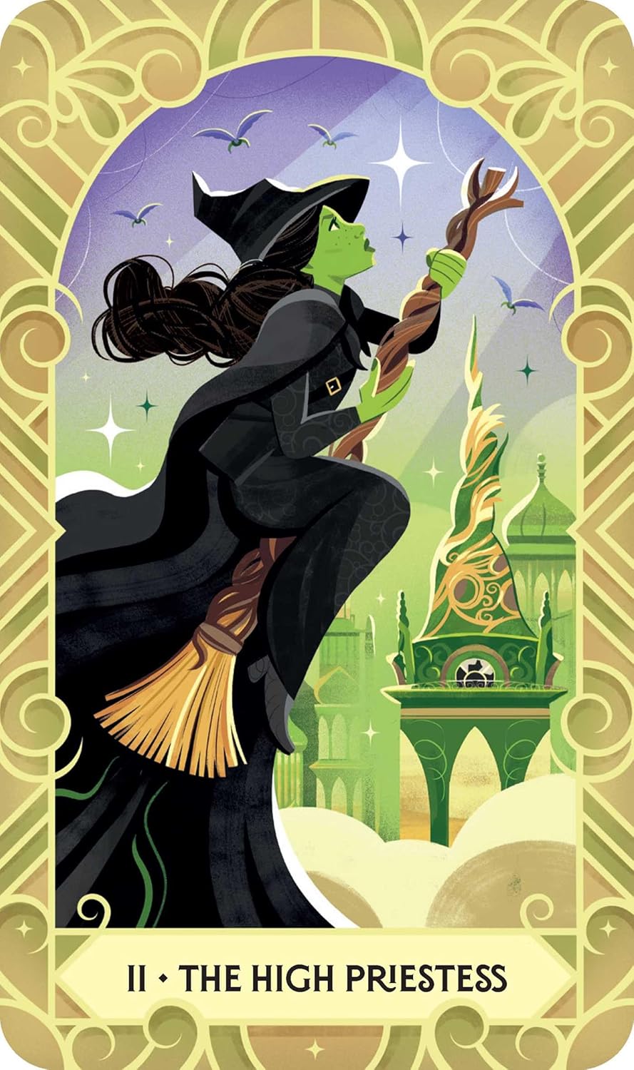 Card featuring a witch on a broomstick with a castle in the background, labeled &