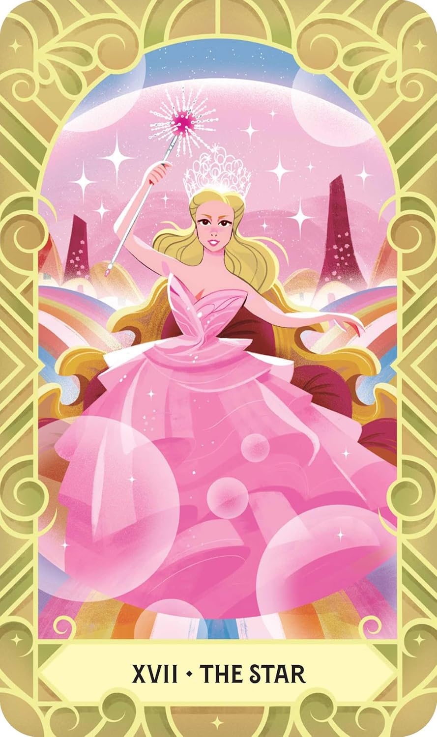 Card featuring a fairy in a pink dress with a wand, set against a colorful background.