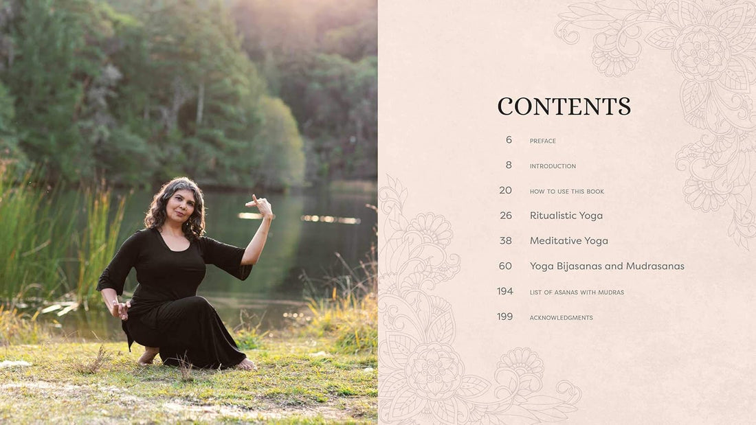 Woman in a black dress sitting by a lake with a yoga pose, next to a table of contents for a yoga book.