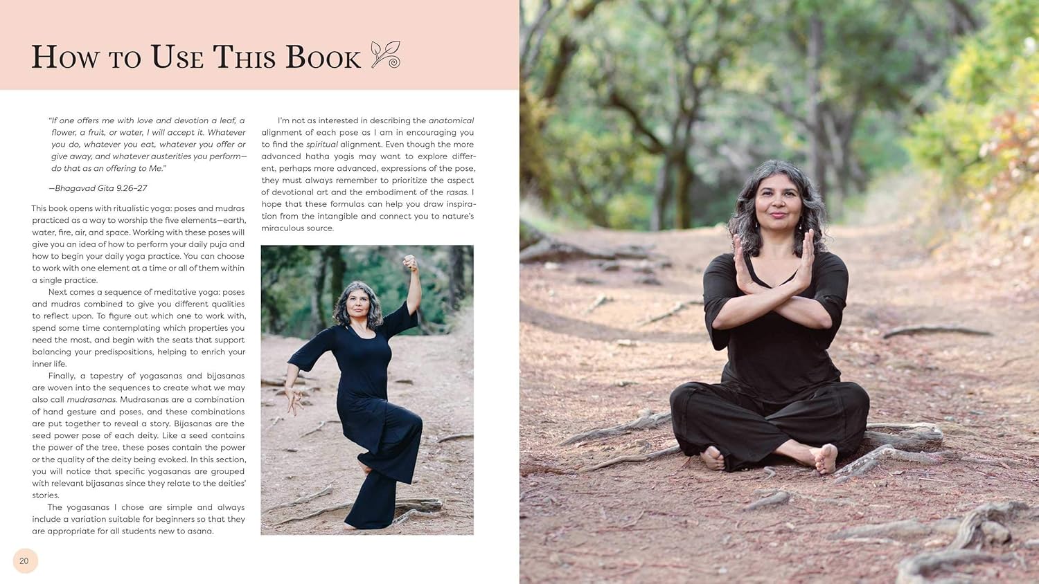 Yoga book with text and images of a woman practicing yoga outdoors.