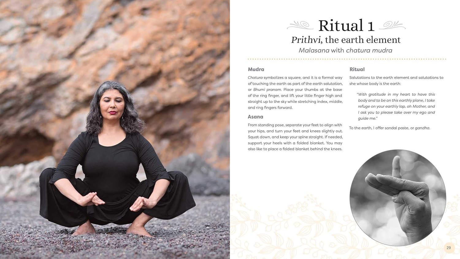 Woman in black outfit sitting on rocks with text and image on the right