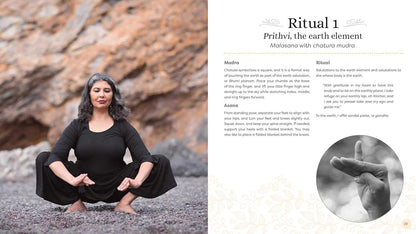 Woman in black outfit sitting on rocks with text and image on the right
