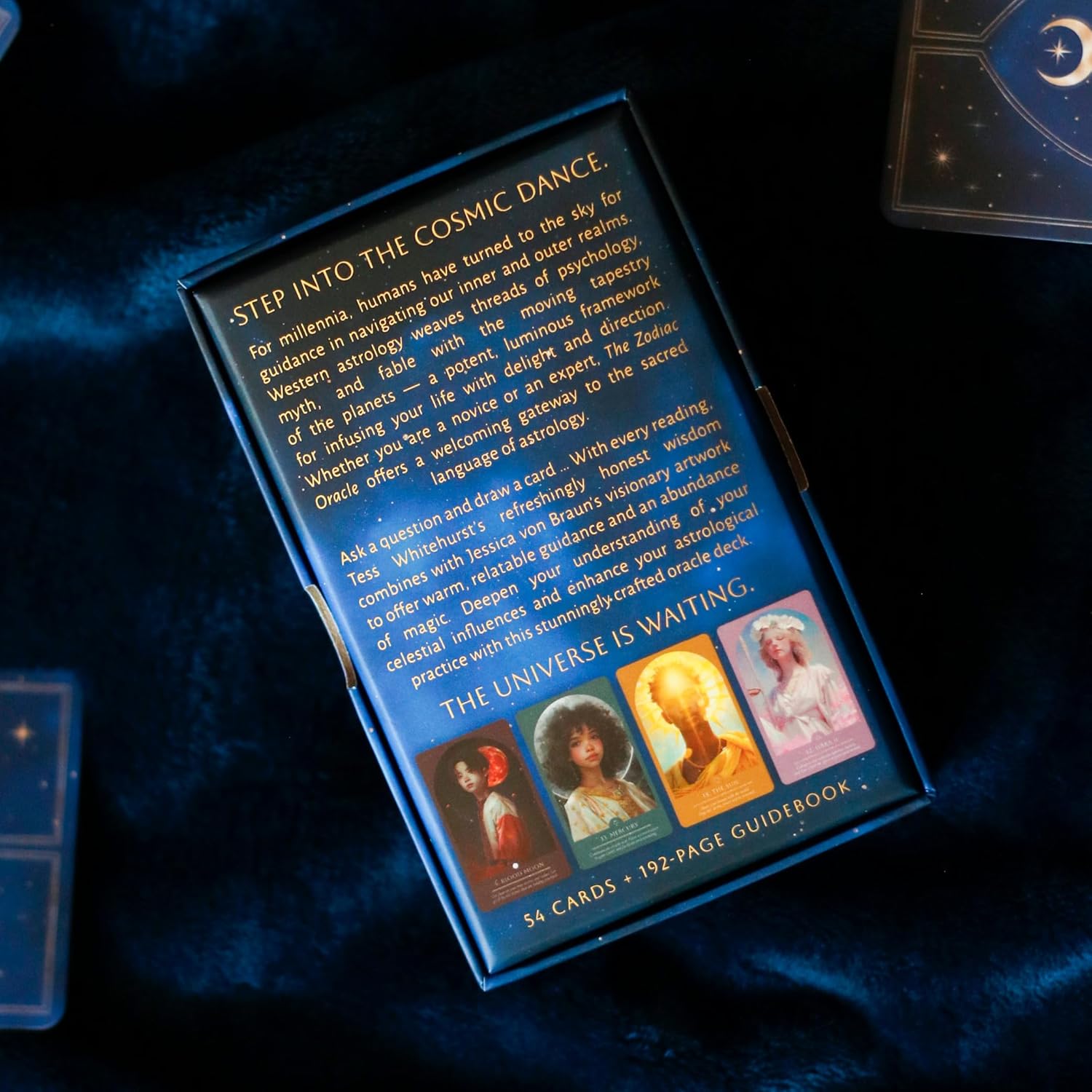 Card deck with text and images on a dark background