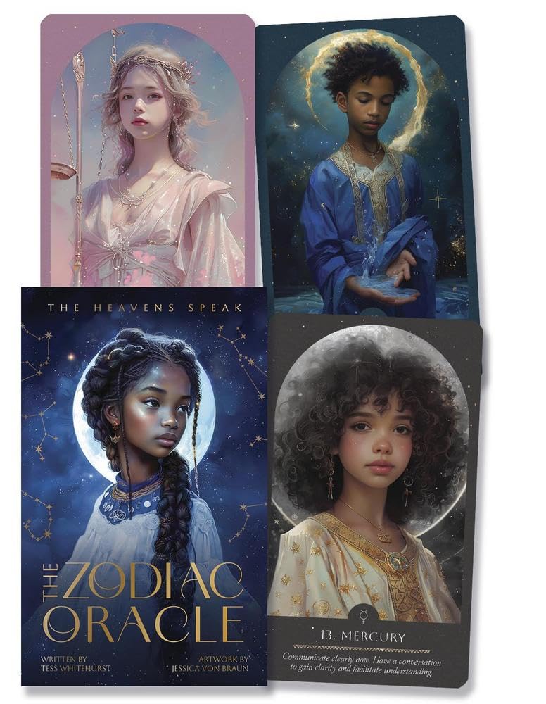 Four tarot card boxes featuring images of women with celestial designs on a white background.