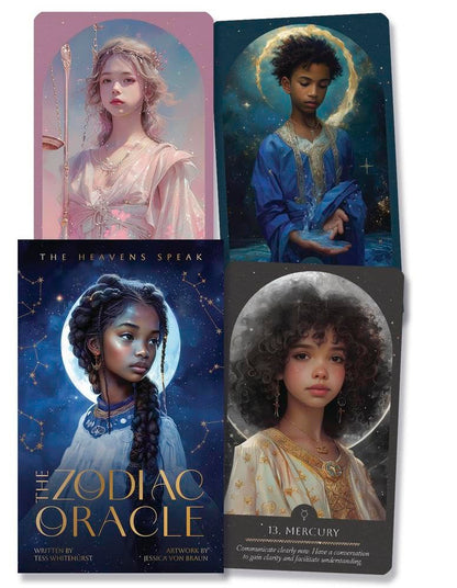 Four tarot card boxes featuring images of women with celestial designs on a white background.