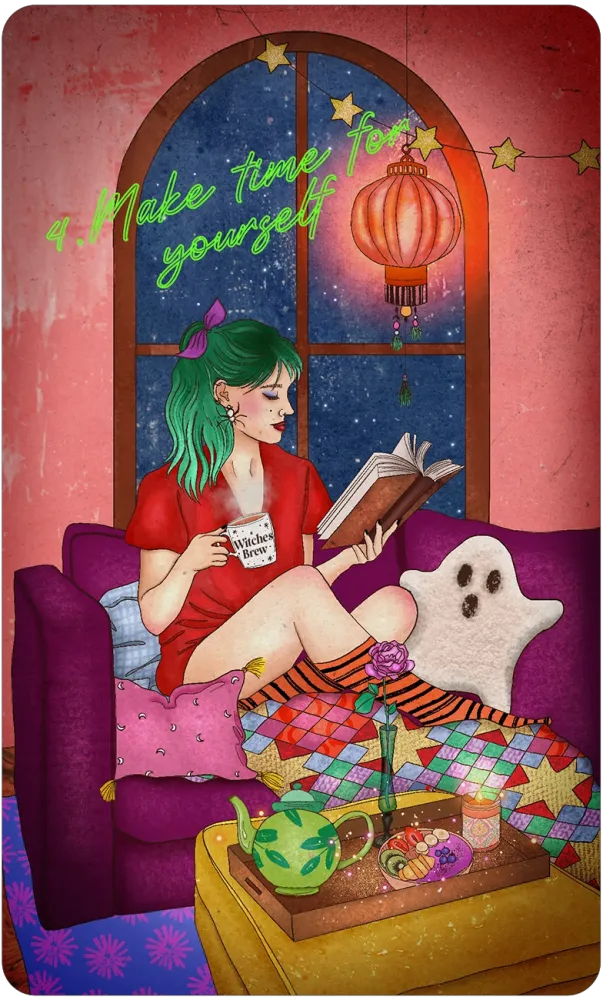 card with woman sitting on the couch with a ghost pillow reading a book