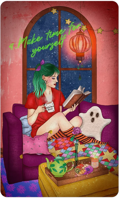 card with woman sitting on the couch with a ghost pillow reading a book
