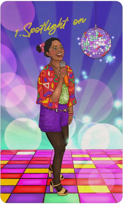 spotlight on card of a young lady singing with a disco ball with a  floor lite up.