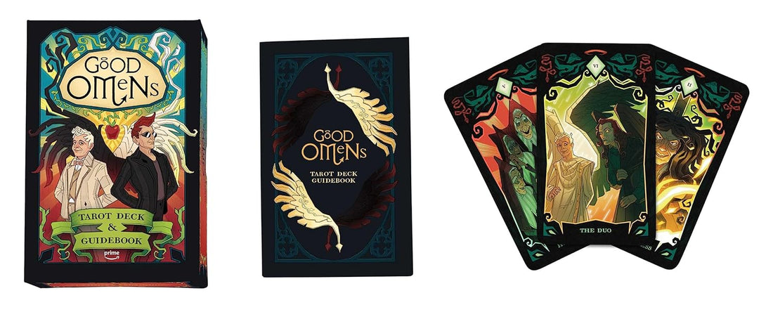 good omens deck box, guide book, and three cards from left to right