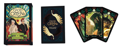 good omens deck box, guide book, and three cards from left to right
