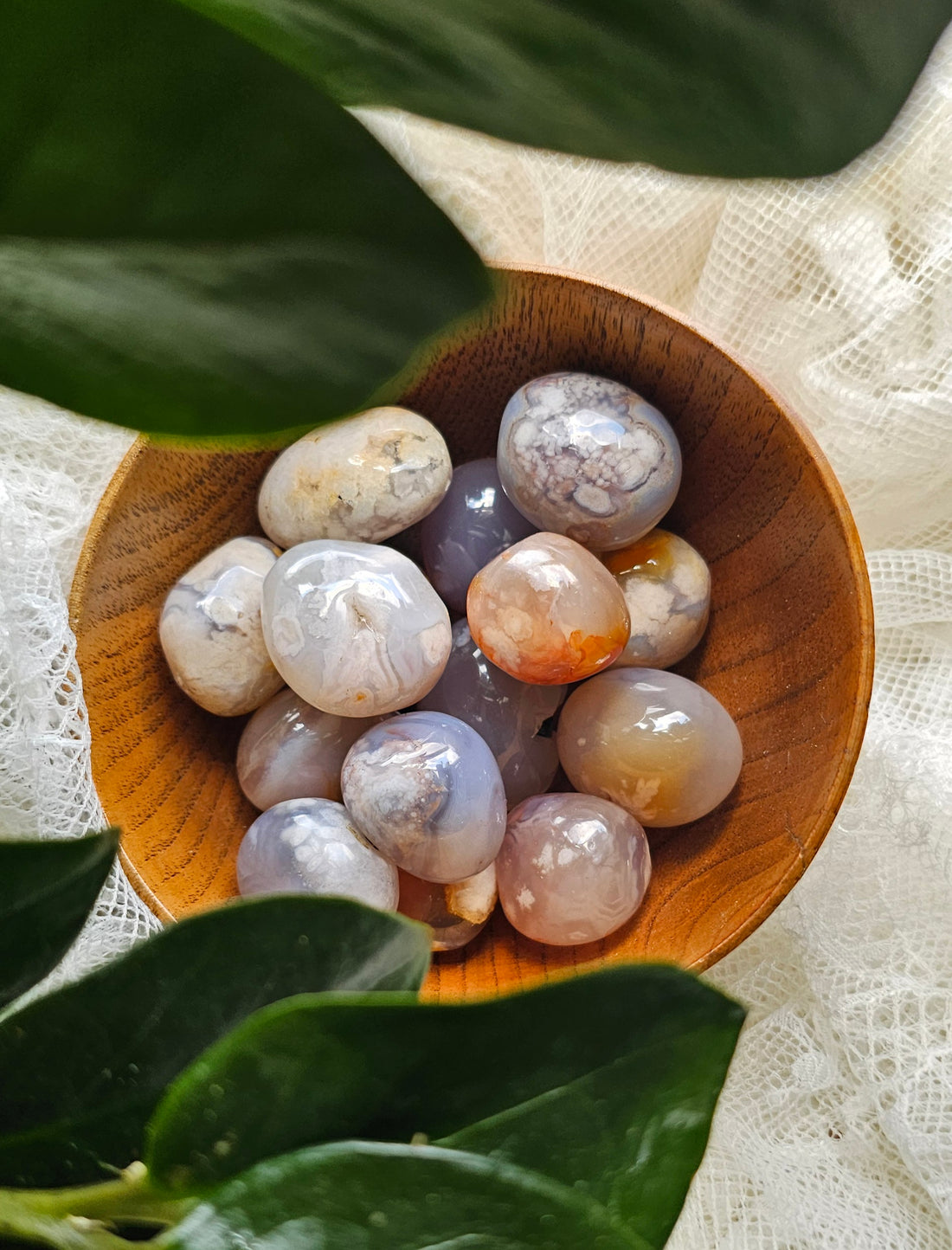 Flower Agate in a wooden bowl