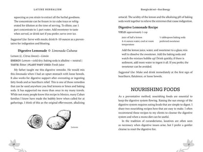 Page from a book or document about digestive lemonade recipe and nourishing foods with text and lemon illustrations.