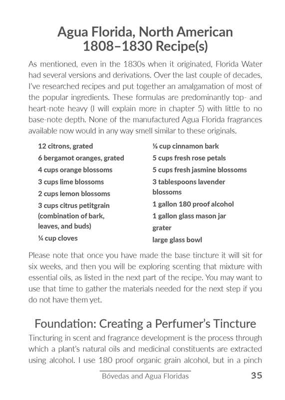Page from a book or document detailing the Agua Florida North American recipe from 1808-1830, including ingredients and preparation instructions.