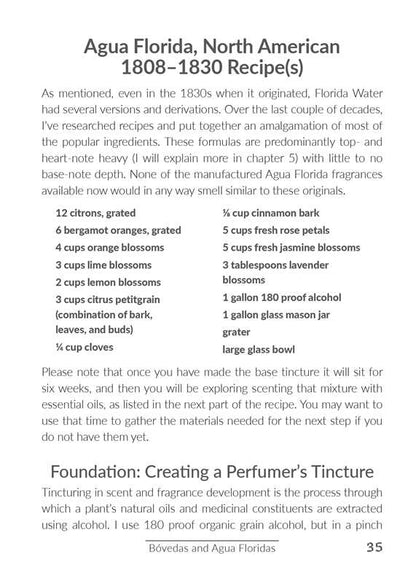 Page from a book or document detailing the Agua Florida North American recipe from 1808-1830, including ingredients and preparation instructions.