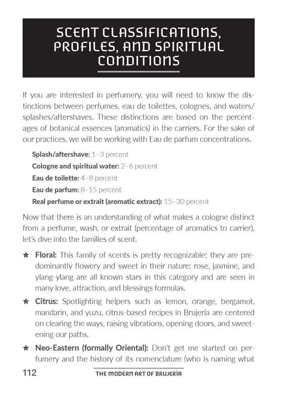 Page from a book or document explaining scents classifications, profiles, and spiritual conditions.