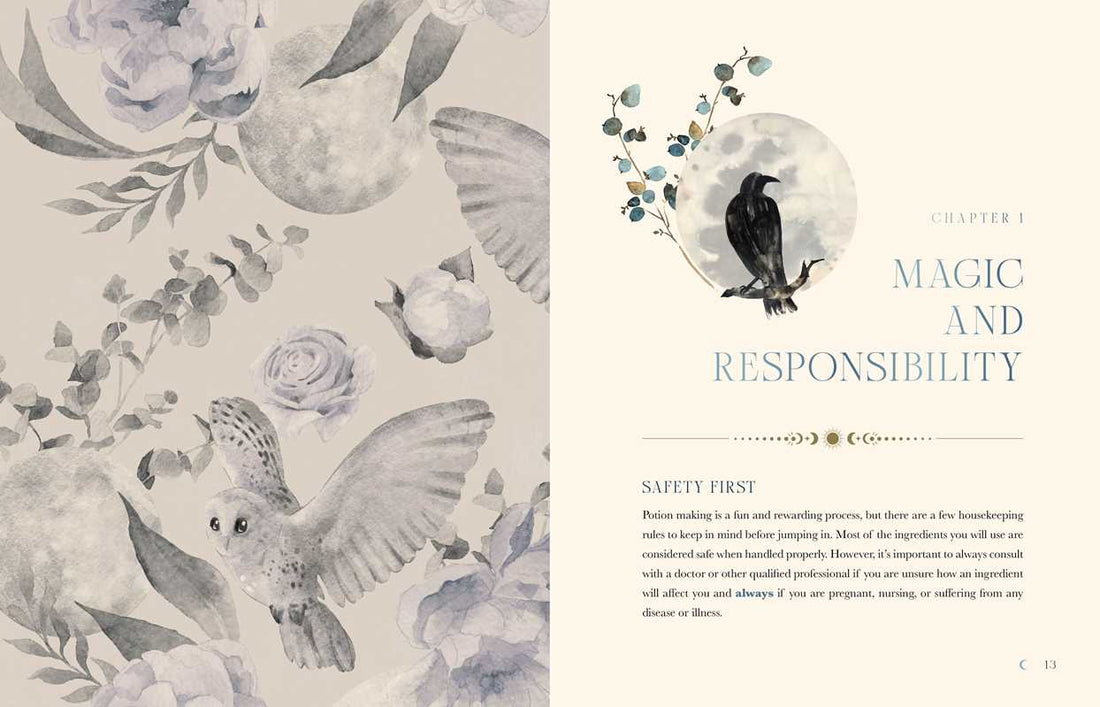 Page from a book with illustrations of birds and flowers, and text about magic and responsibility.