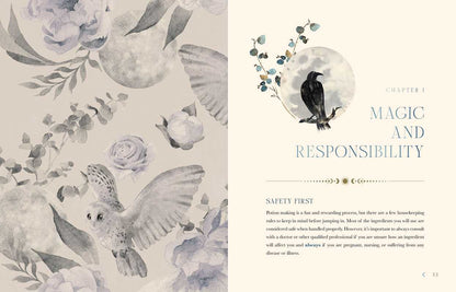 Page from a book with illustrations of birds and flowers, and text about magic and responsibility.
