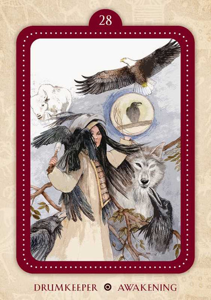 Card from a tarot deck with an eagle, wolf, and other animals, featuring the number 28 and text &