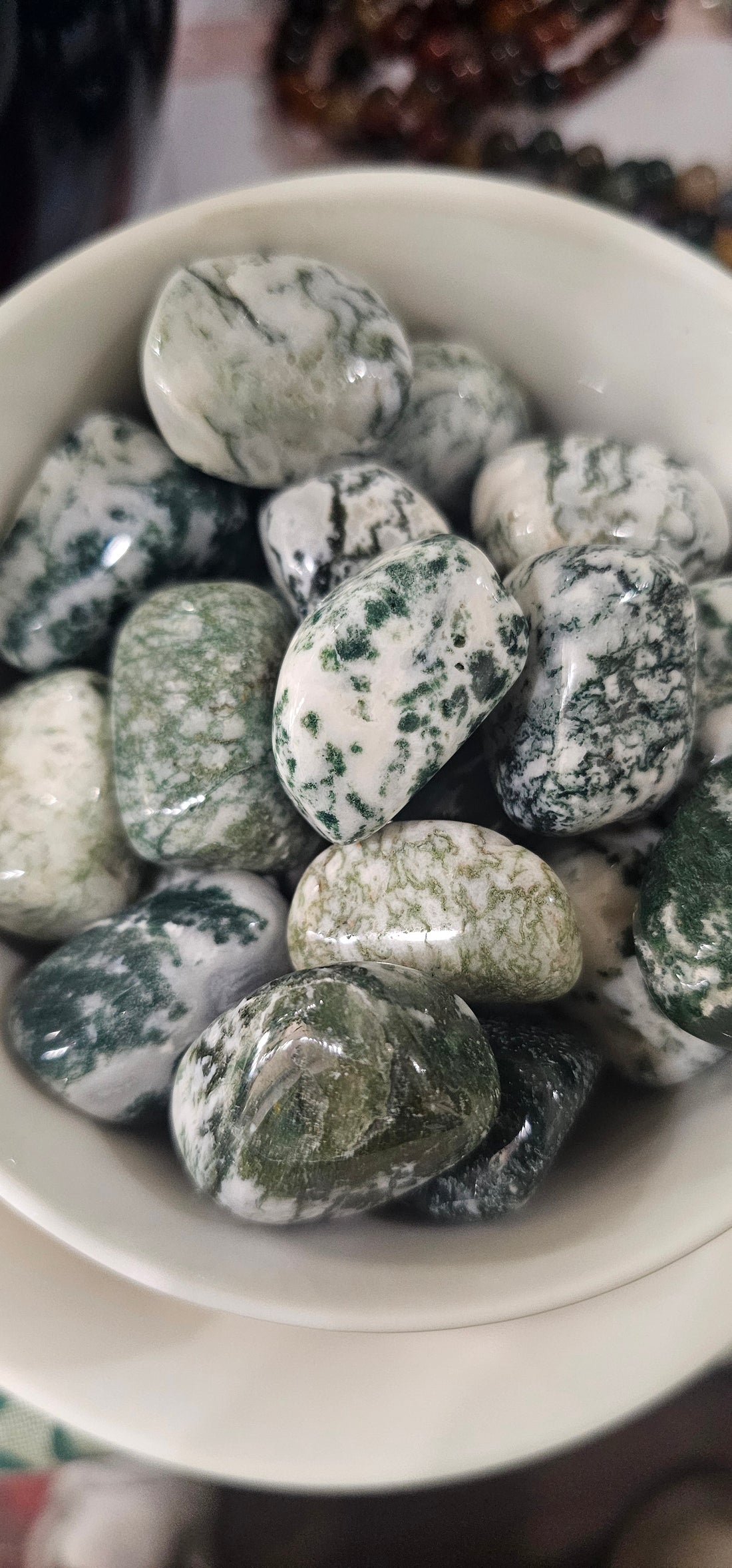 Tree Agate crystals stones in a white bowl