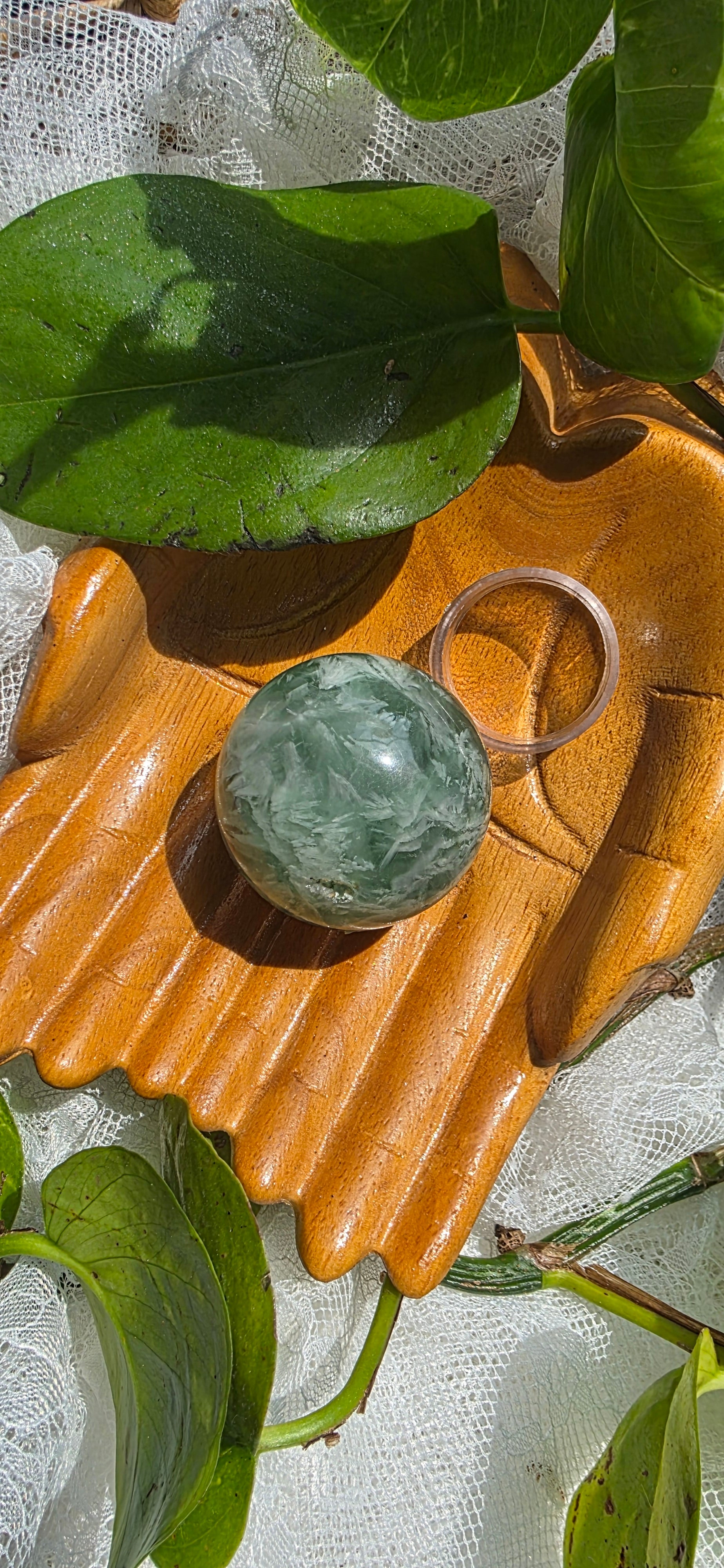 Green Feather Fluorite Sphere with Clear Stand