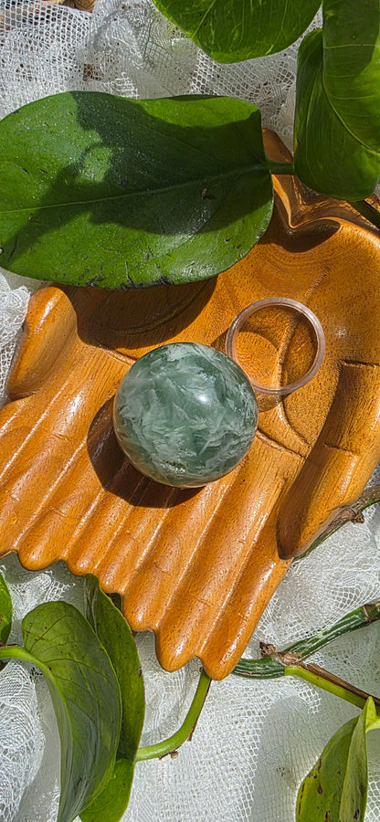 Green Feather Fluorite Sphere with Clear Stand