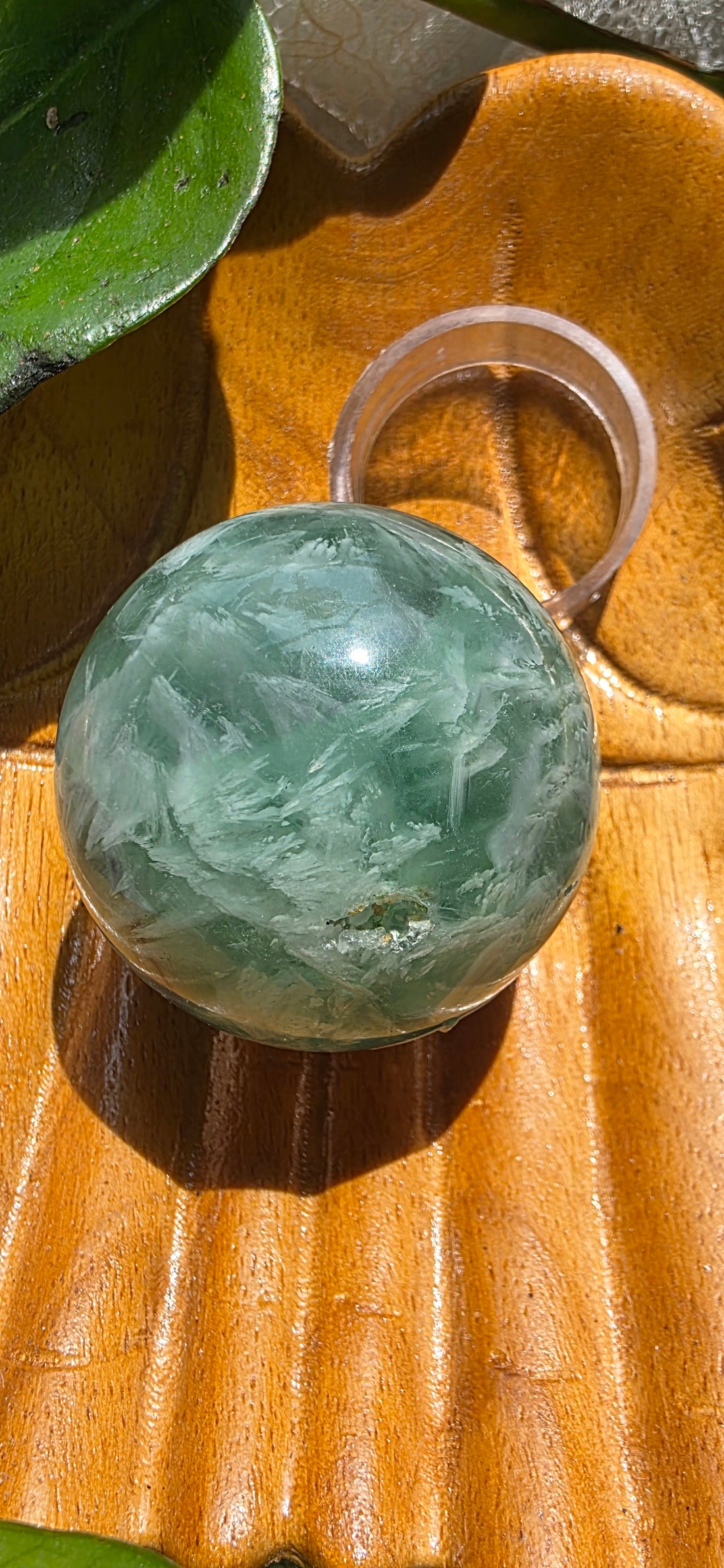 Green Feather Fluorite Sphere with Clear Stand